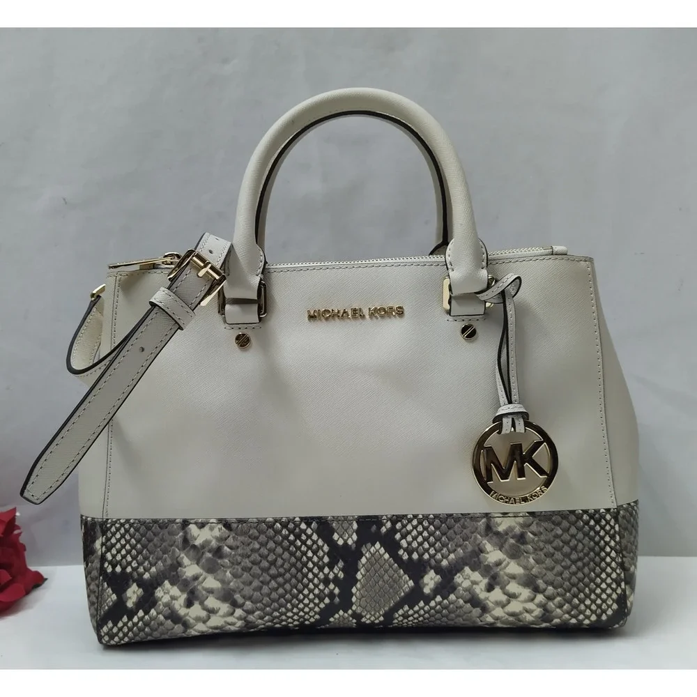 Michael Kors White Leather Snakeskin Embossed Detail Carryall Satchel Bag
